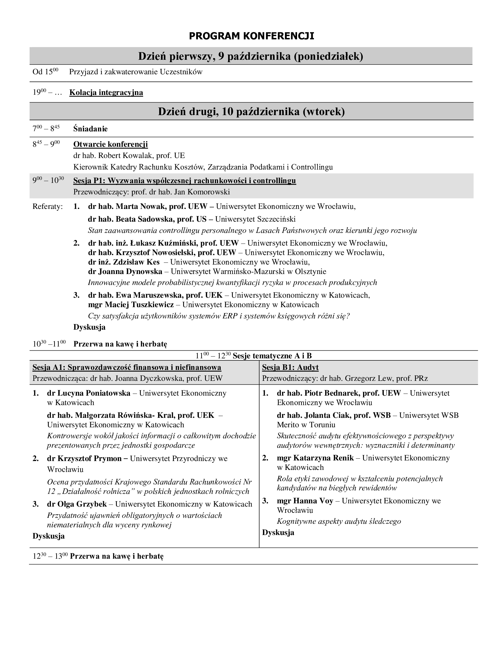 Program XXVII OGÓLNOPOLSKA KONFERENCJA NAUKOWA RACHUNKOWOŚĆ A CONTROLLING